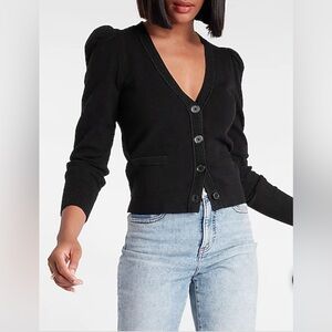 Black; Puff Shoulder Button Front Cardigan;